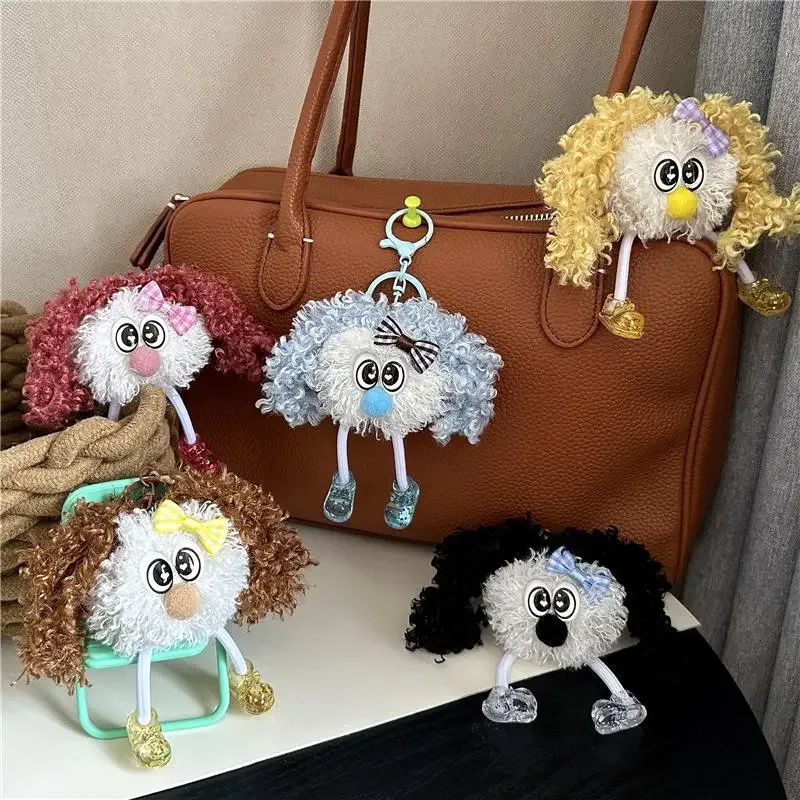 porte-clés poupée en peluche à cheveux bouclés et moelleux avec joli nœud, idéal comme pendentif de sac à dos, cadeau pour adolescentes