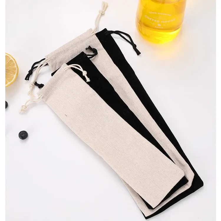sac de rangement pour couverts en acier inoxydable, sac cadeau en coton et lin avec paille, sac velboa, logo personnalisable disponible