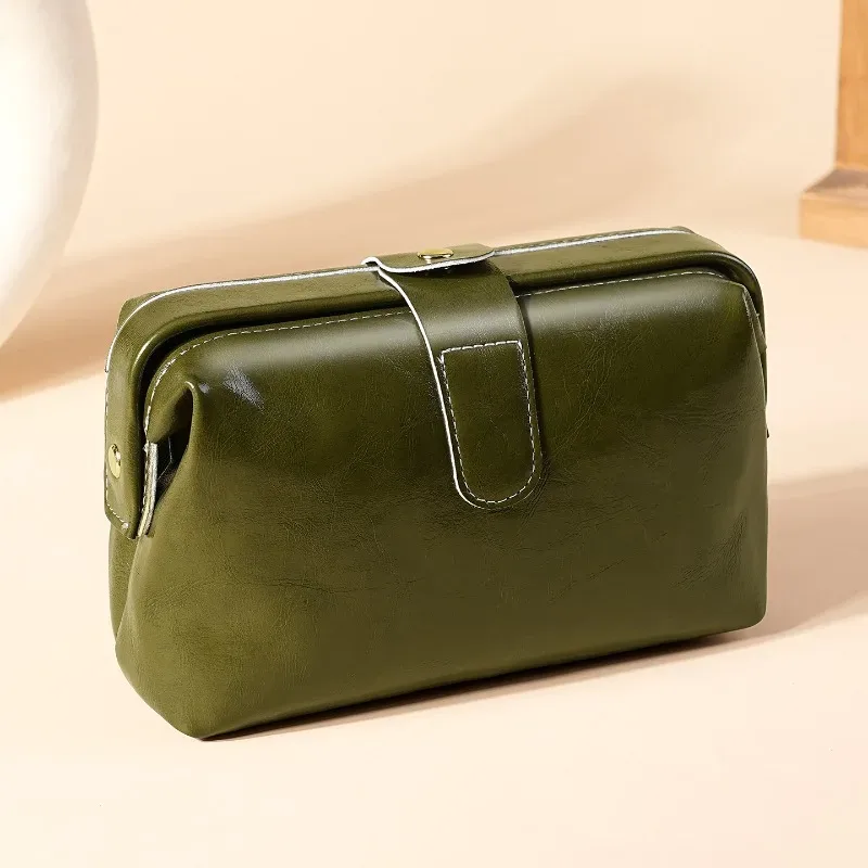 sac à maquillage en cuir véritable, sac cosmétique vintage pour femmes et filles, porte-monnaie à bouton, grande capacité, trousse de maquillage imperméable