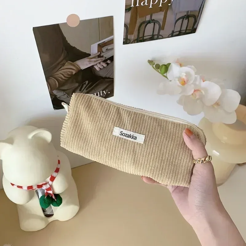 sac à cosmétiques en velours côtelé pour femmes, grande capacité, organisateur de rangement de maquillage, pochette à fermeture éclair