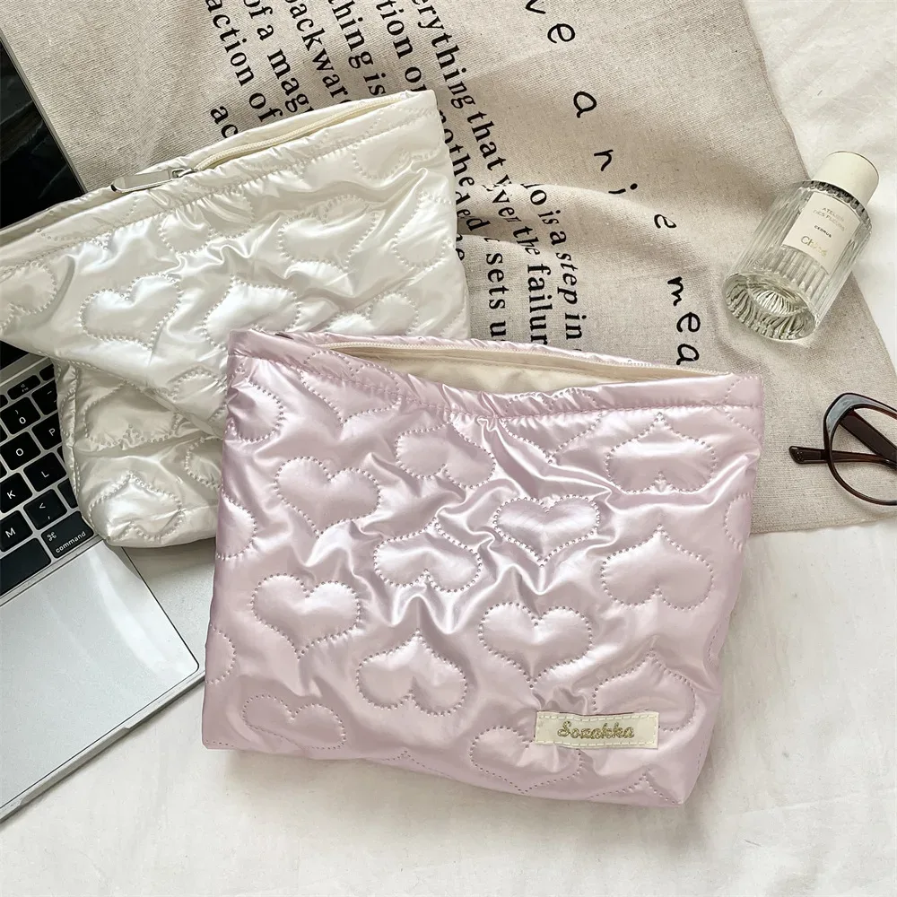 trousse de maquillage en pu matelassé de style coréen, pochette cosmétique brillante en forme de cœur avec nœud, rangement esthétique y2k pour femmes et filles