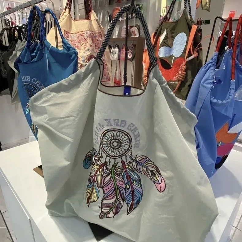 sac de shopping brodé pour femmes, avec chaîne à billes, grande capacité, en nylon écologique, sac à main, sac à bandoulière, sac porté en travers du corps.