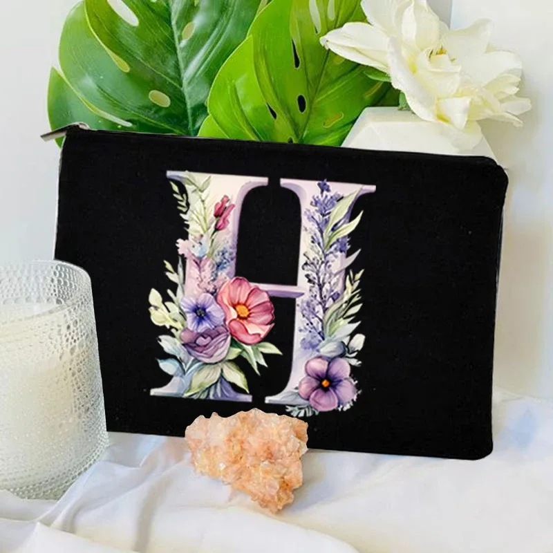 trousse toilette toile noire initiale fleurs maquillage femmes voyage sac cosmétiques intérieur uni poignée glissière