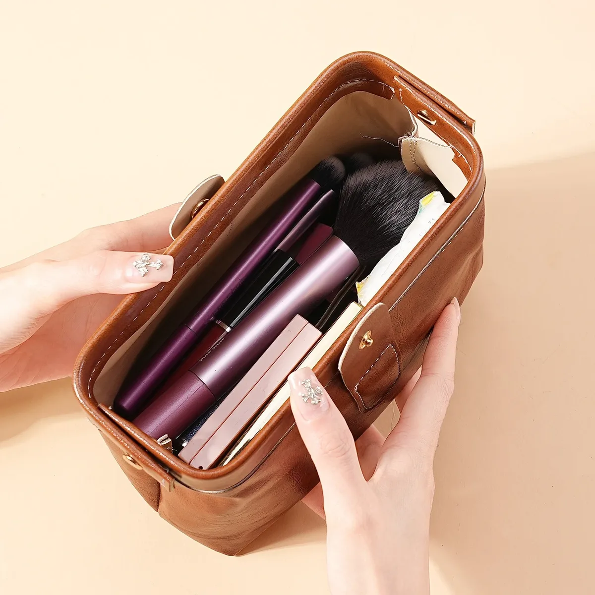 sac à cosmétiques en cuir pu pour femmes, grande capacité, étanche, trousse de maquillage vintage, couleur unie, sac de rangement pour cosmétiques, porte-monnaie