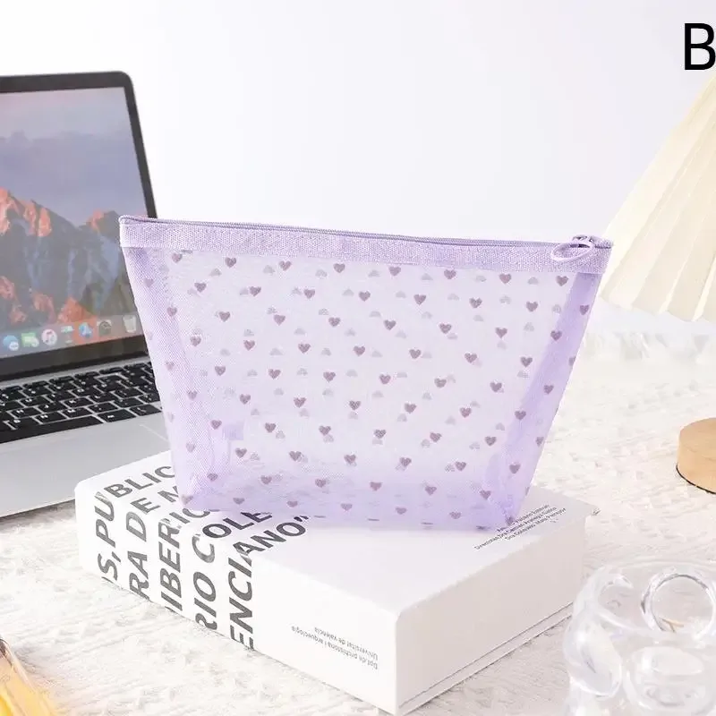sac de maquillage en maille transparente en forme de cœur, pochette de rangement multifonction portable pour femmes, pochette de toilette pour dames, sacs organisateurs de rouge à lèvres