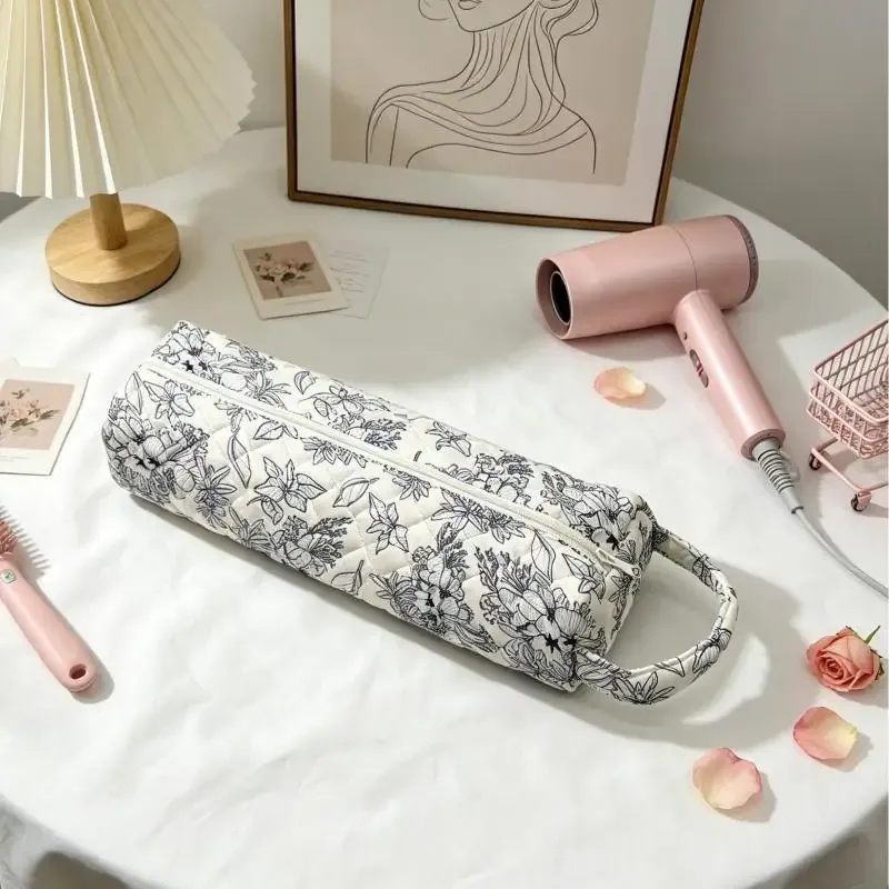 sac de rangement matelassé pour sèche-cheveux avec imprimé floral mignon, poignée portable, grande capacité, étui de transport pour voyage, organisateur de salle de bain