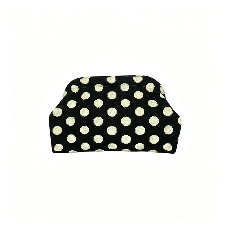 trousse de maquillage rétro européenne et américaine à pois - pochette cosmétique portable grande capacité tricotée à blocs de couleurs