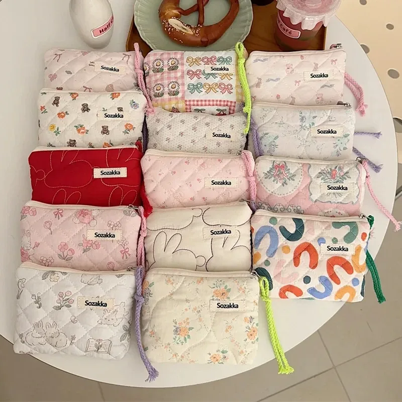 sac de maquillage en coton doux à motif floral, fermeture éclair, rangement pour rouge à lèvres, nœuds, sac cosmétique, trousse de toilette, pochette multifonctionnelle, porte-monnaie