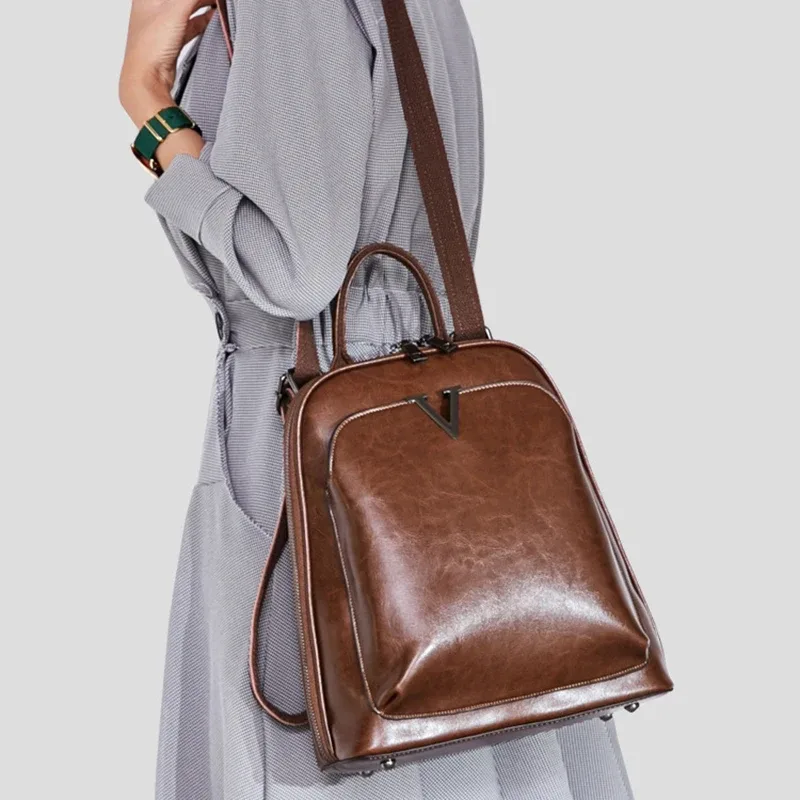 sac à dos en cuir véritable pour femme, sac à dos en cuir de vachette rétro, sac à dos pour femme, sacs à bandoulière initiés, sac à dos à l'huile, mode scolaire, avertir