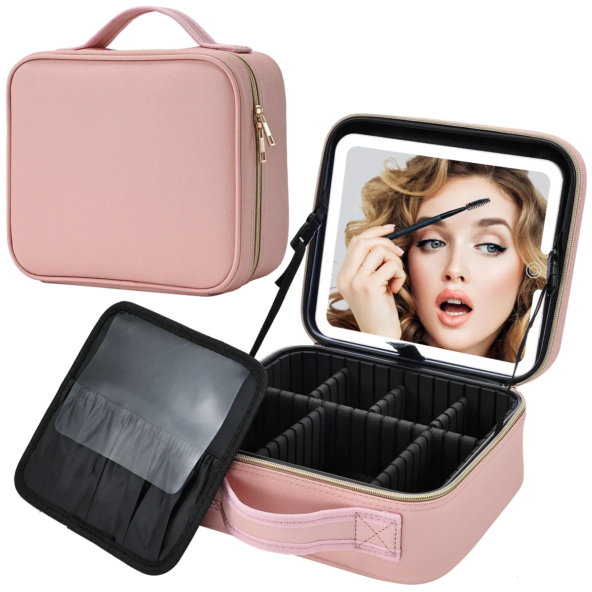 trousse de maquillage avec miroir led, 3 modes d'éclairage, trousse de maquillage avec miroir de vanité avec lumières, trousse de maquillage de voyage avec miroir éclairé