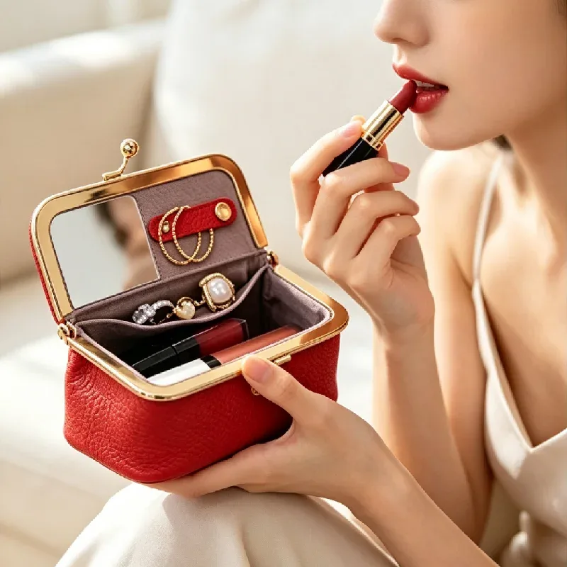 trousse de rangement portable en cuir pour femmes avec fermeture kiss-lock, miroir intégré, organiseur pour rouge à lèvres, bijoux, écouteurs, idéale pour les voyages