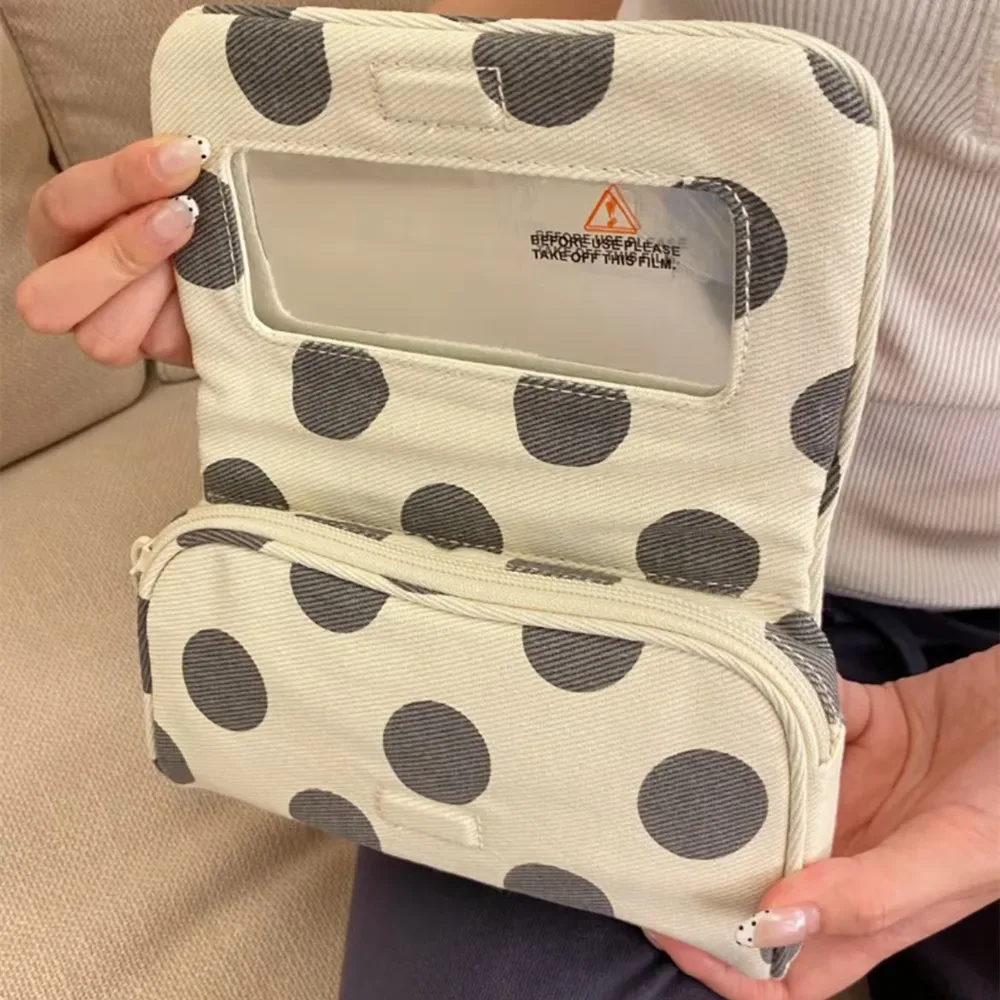Sac cosmétique portable en toile à pois, rayures roses, grande capacité, sac pour petits objets, multifonctionnel avec miroir de maquillage, organisateur de voyage