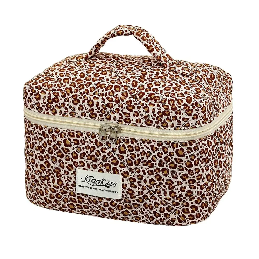 trousse de maquillage matelassée en coton imprimé floral, plusieurs tailles, sac à cosmétiques multifonctionnel imprimé léopard, pochettes à main de voyage