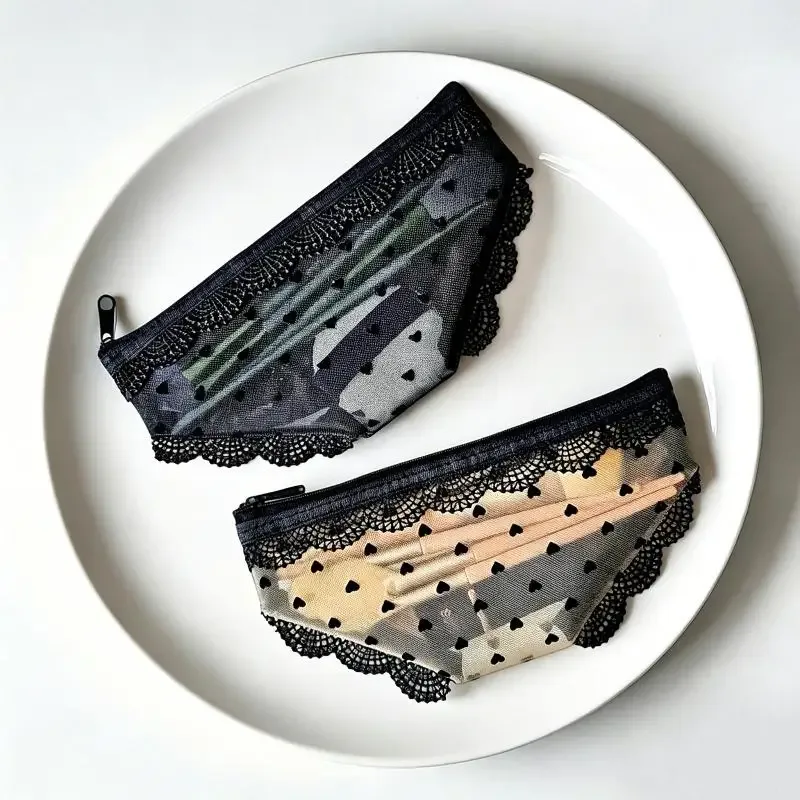 trousse de maquillage portable unique en dentelle et résille, sac cosmétique zippé pour outils de beauté et articles de toilette, pochette de rangement