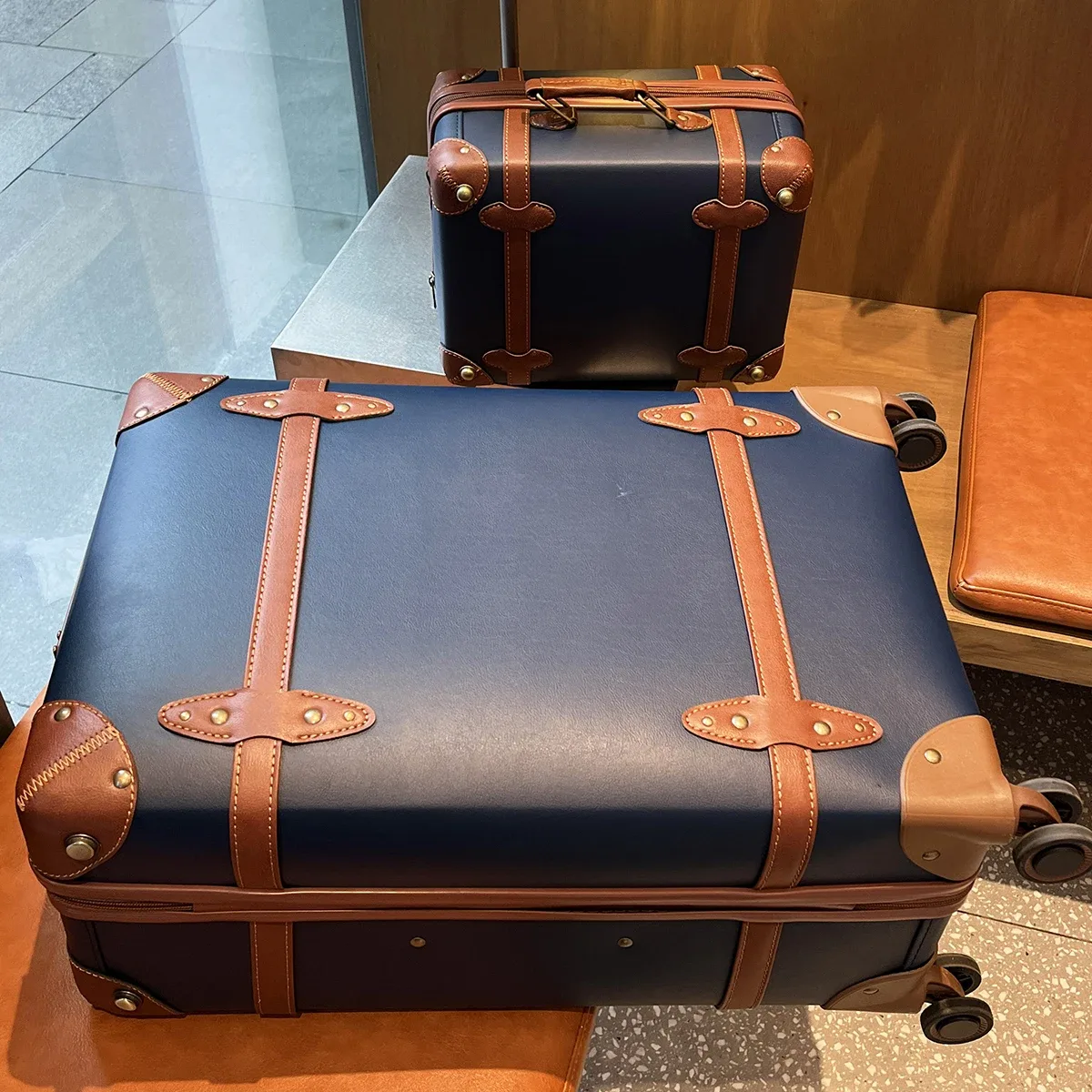 valise de voyage vintage en cuir bleu pour affaires, bagage à main 20 pouces + valise à roulettes 24 pouces, avec serrure tsa, style universitaire, unisexe