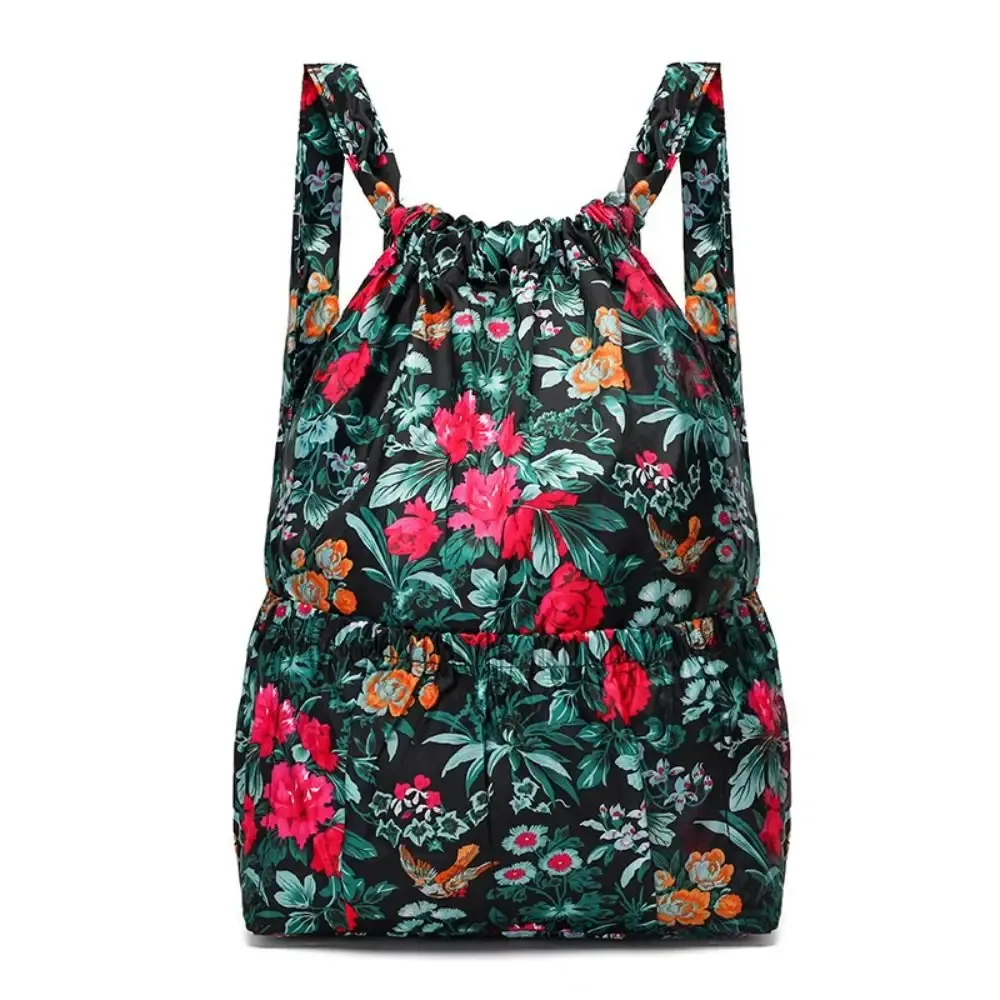 sac à cordon imprimé floral décontracté, sac de shopping portable en polyester imperméable, sacs à dos pliables légers pour adolescentes