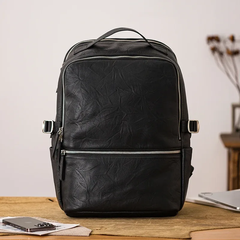 pndme voyage en plein air de haute qualité en cuir véritable hommes noir sac à dos mode décontracté luxe en cuir de vache ordinateur sac à dos