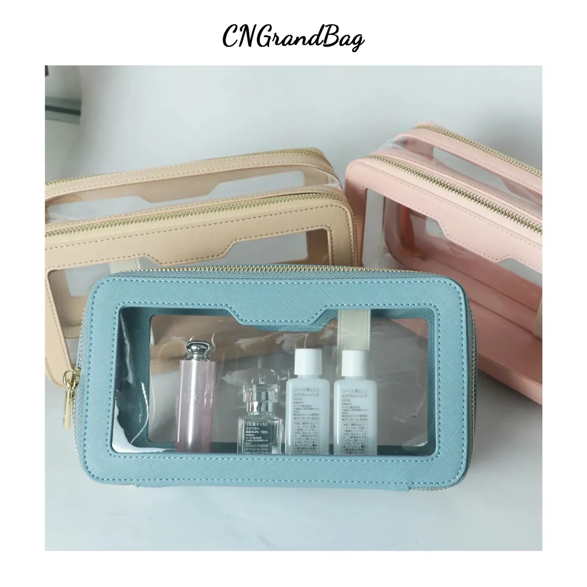 sac cosmétique en cuir saffiano personnalisable gratuitement, portable, imperméable, multifonctionnel, double couche, pour voyage et rangement.