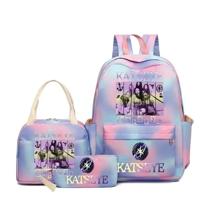 nouveaux sacs à dos katseye à imprimé amusant, 3 pièces/ensemble, sac d'école pour étudiants, sac de voyage pour adolescentes et garçons, sacs à lunch, sac à dos