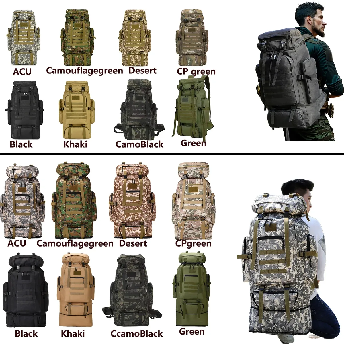 sac dos oxford université camouflage noir gris jaunes activités plein air grande taille randonnée camping