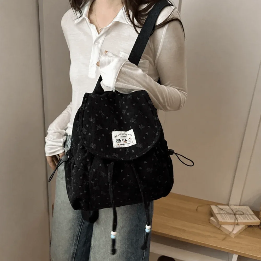 sac à dos élégant et léger en velours côtelé à imprimé nœud, décontracté, grande capacité, avec cordon de serrage, design simple, polyvalent, pour étudiant