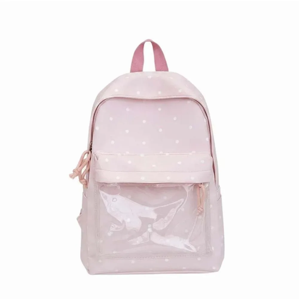 sac ita de style japonais avec fenêtre transparente, bretelles réglables, sac à dos transparent, grande capacité, doublure en polyester, sac à dos à pois.