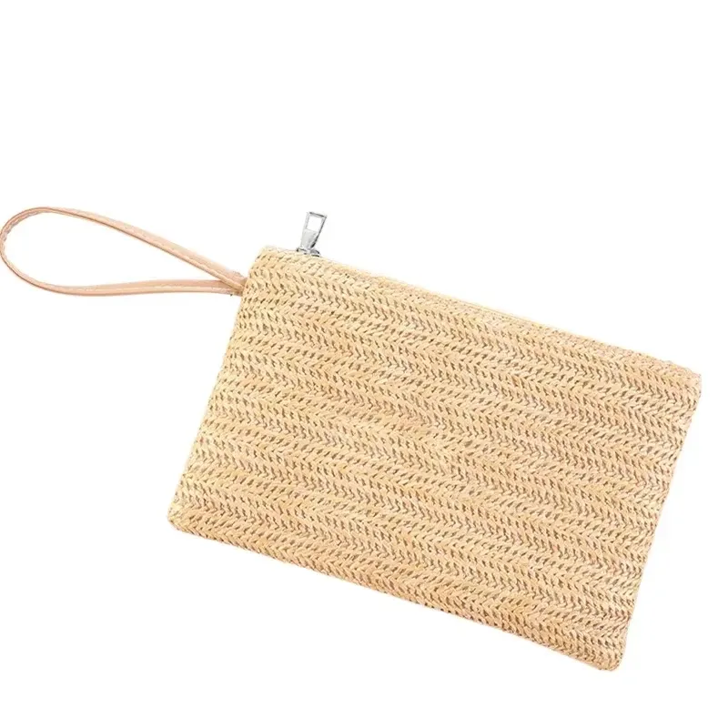 pochette à maquillage personnalisée en paille tressée, sac de rangement portable pour téléphone portable et petits accessoires divers, idéal pour une utilisation quotidienne en extérieur