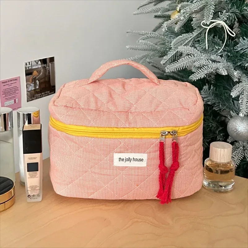 sac de maquillage à carreaux bloquant les couleurs pour femmes, sac de rangement pour pinceaux de maquillage de grande capacité, trousse de toilette pour soins de la peau