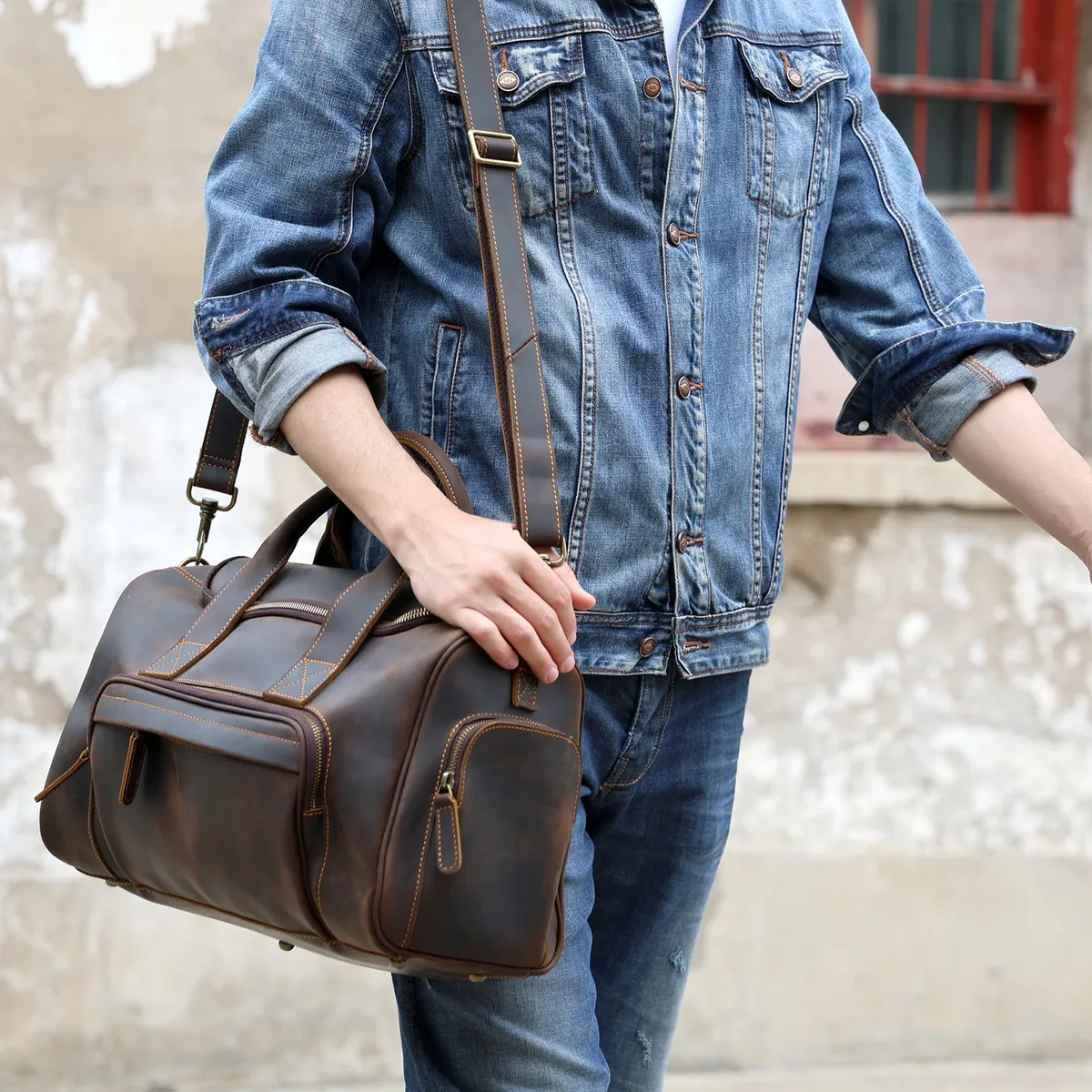 sac de voyage vintage en cuir véritable s.worker, sac de sport en cuir de vachette crazy horse, sac de week-end pour homme, sac de gym, bagage à main