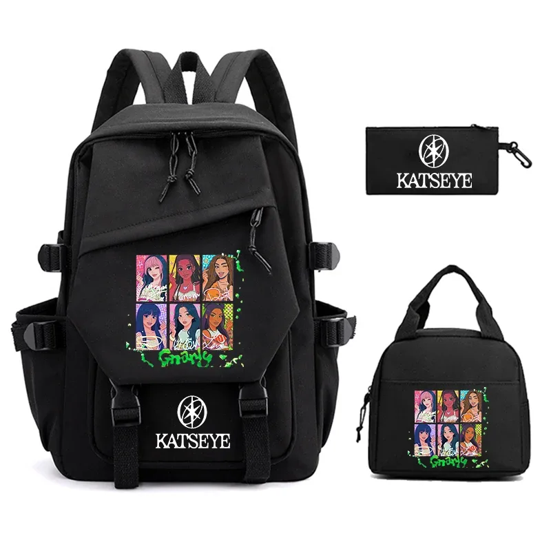 sac à dos imprimé katseye pour femmes, 3 pièces/ensemble, sac à déjeuner pour étudiants, trousse à crayons, sac d'école léger, sac à dos d'extérieur pour ordinateur portable