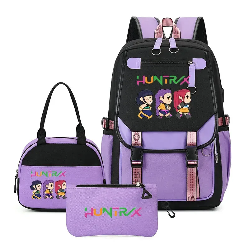 sac à dos kpop demon hunter pour adolescents, cartable de grande capacité, 3 pièces/ensemble avec sac à lunch pour femmes, étudiants, décontracté, confortable, pour voyage, mochilas