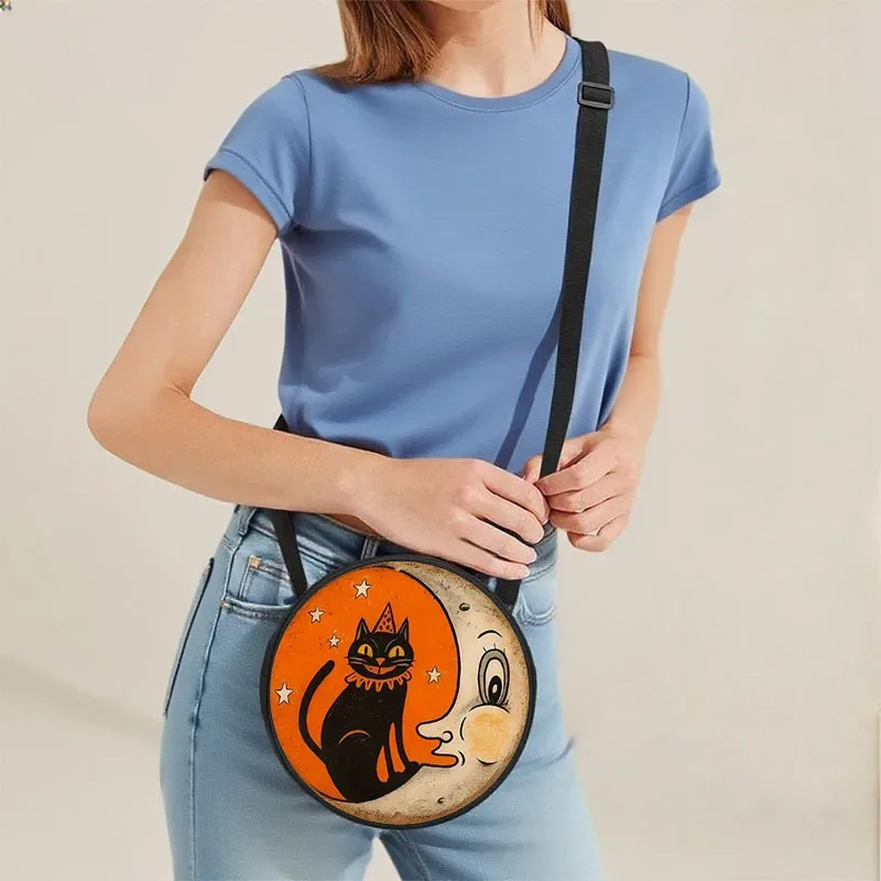 sac bandoulière rond pour femme, motif chat blanc et orange, avec fermeture éclair, sac à main tendance pour le travail, le shopping et les voyages