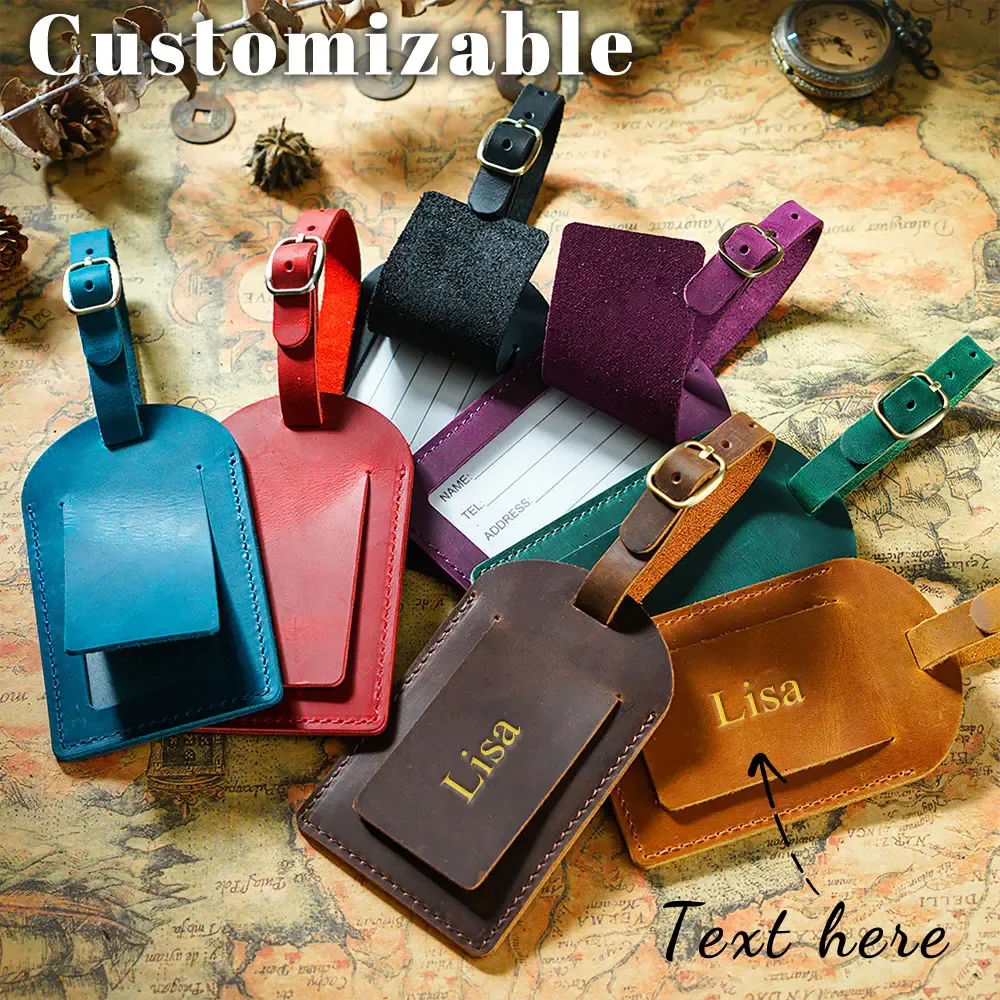 Étiquette Bagage Cuir Véritable Violet Marron Bleu Vert Rouge Kaki Noir Personnalisation Voyage Identité Valise Soute