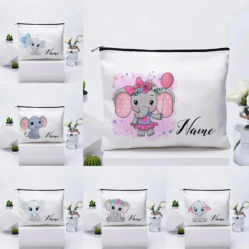 vente flash : grande trousse à maquillage en toile avec motif d'éléphant mignon, essentiels de voyage pour anniversaire d'enfants, trousse de maquillage avec nom personnalisé