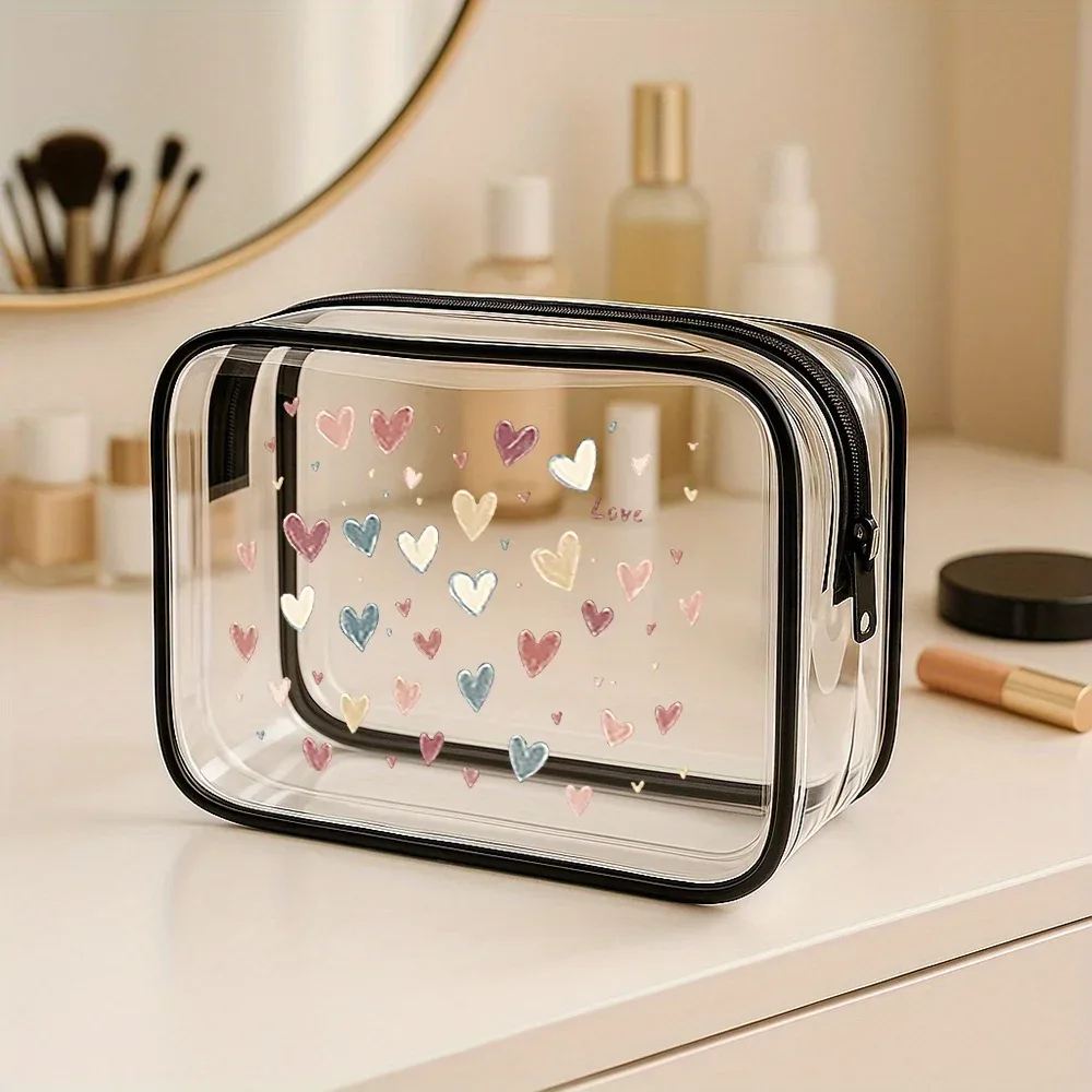 trousse de maquillage transparente heart design. petite pochette à cosmétiques pour voyage, salle de sport ou plage. un cadeau parfait.