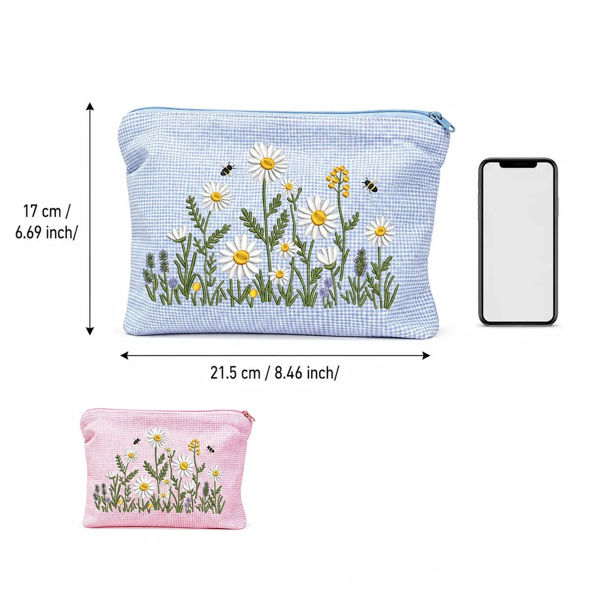 pochette cosmétique en gingham brodée daisy, grande trousse de toilette à fermeture éclair pour femmes, organiseur de voyage pour les vacances à la plage