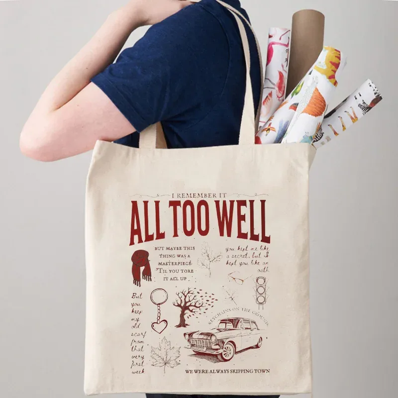 taylor all too well canvas tote bag, causal shopping hangbag, gift for gérmusic-lover, large capacity canvas bag, music merch