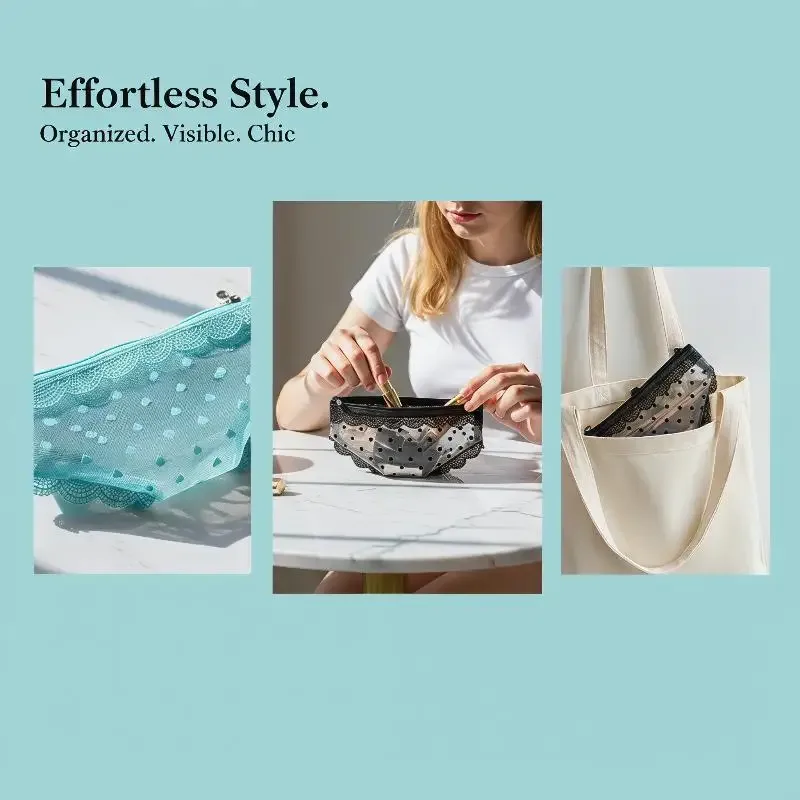 trousse de maquillage portable unique en dentelle et résille, sac de rangement cosmétique à fermeture éclair