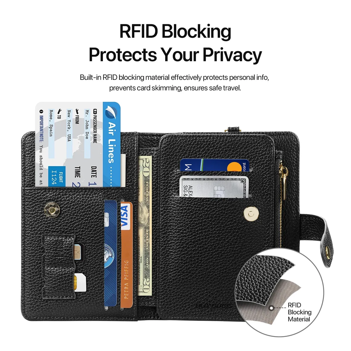 nouveau portefeuille porte-passeport unisexe de grande capacité-organisateur de carte de voyage en cuir pu bloquant rfid avec pince à billets