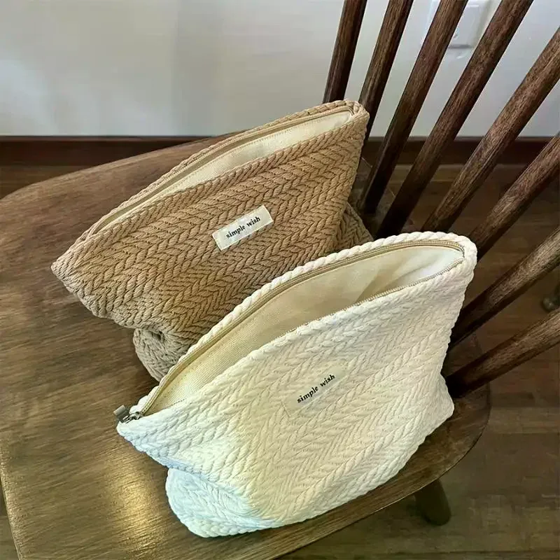 1 pièce trousse de maquillage portable de haute qualité avec fermeture éclair, grande capacité, couleur unie, en tissu tissé, beige café, pochette