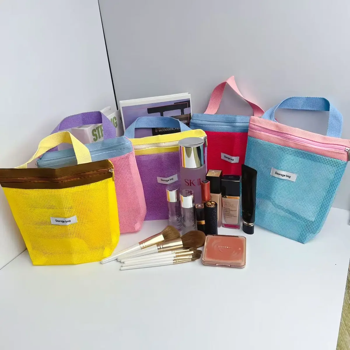 ins style – sac fourre-tout en maille de couleur vive et vibrante, petit sac à cosmétiques, sac à main pliable, trousse de toilette portable, sac de plage pour femmes