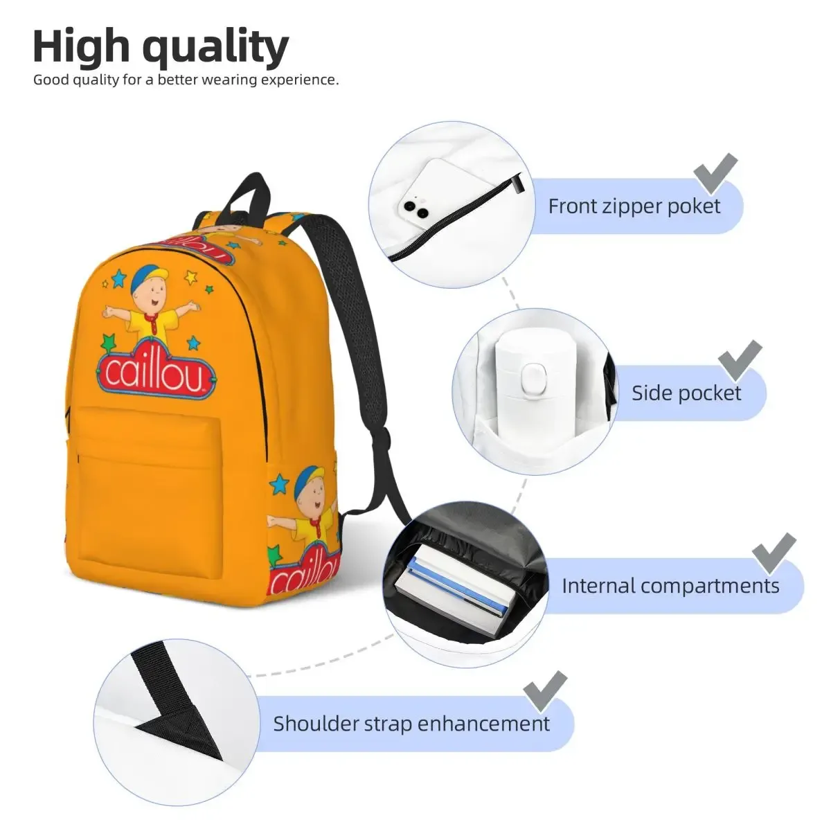 sac dos toile orange personnage caillou poche avant latérale ajustable grande capacité polyester unisexe voyage familial