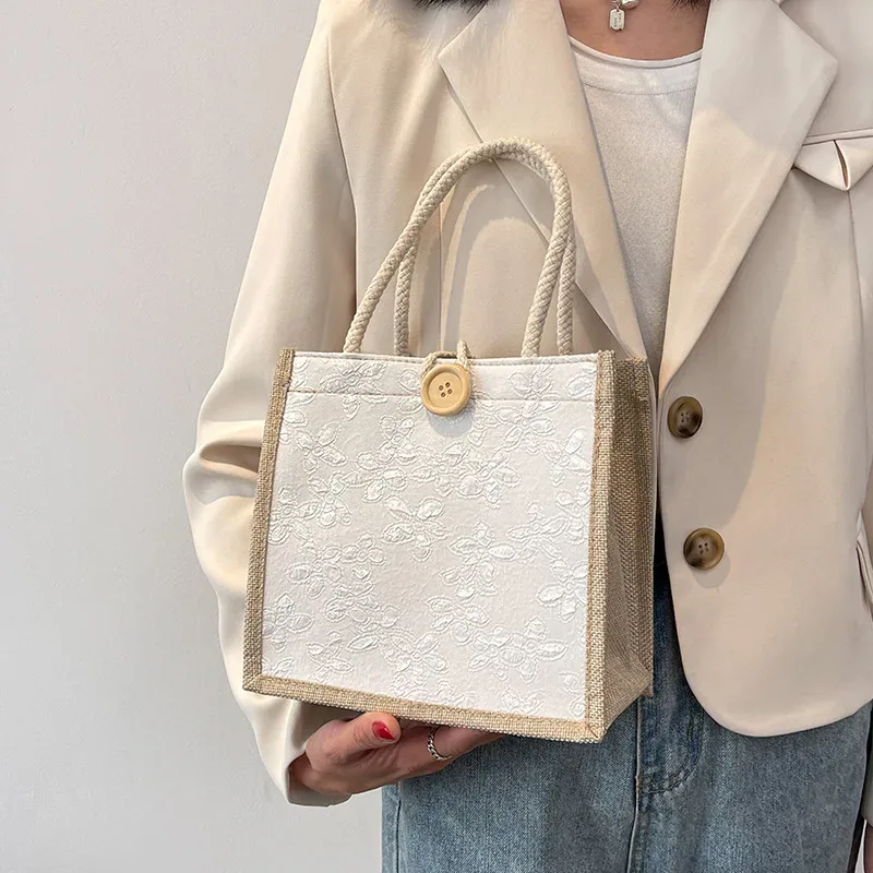 sac fourre-tout en lin vintage pour femmes, sacs à main de plage d'été, sac de bricolage rétro, sac à cuillère portable, sac à provisions multiple top foy
