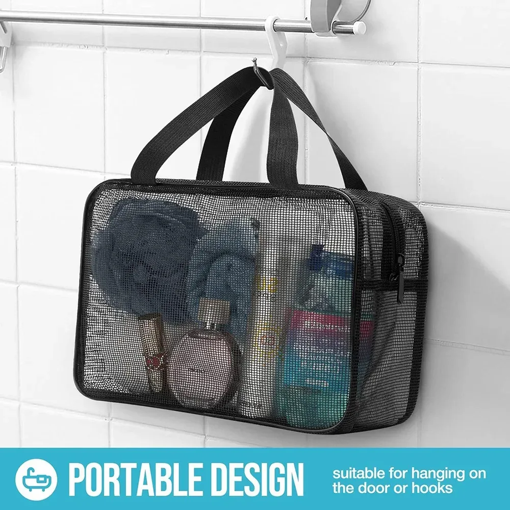 sac de bain portable, pochette de toilette en maille, sac de rangement pour maquillage de voyage, organisateur d'accessoires de salle de bain, sac de plage