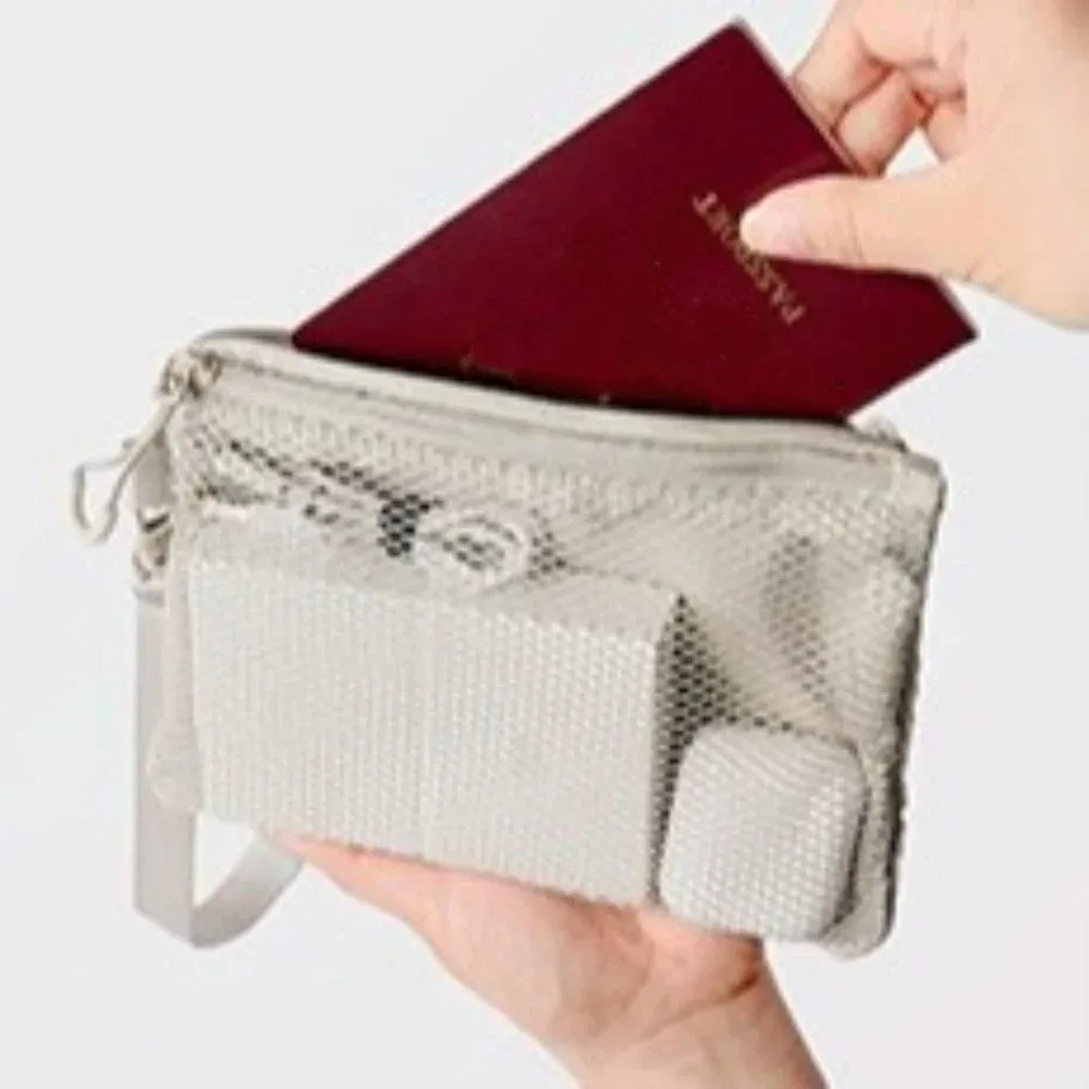 sac de rangement en maille légère avec fermeture éclair, sac à cosmétiques de couleur unie, pochette de maquillage multifonctionnelle en polyester, rangement de maquillage