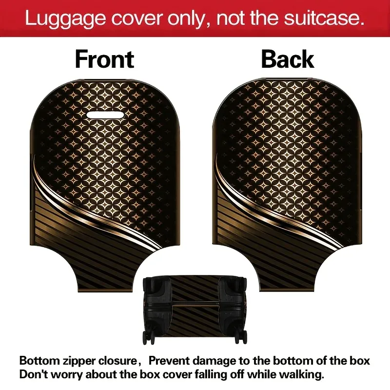 housse de bagage géométrique noire et dorée – un accessoire de voyage extensible conçu pour les valises à roulettes, adapté aux valises de 18 à 32 pouces.