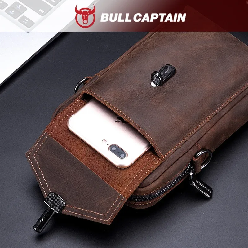 bullcaptain sac de ceinture pour homme en cuir crazy horse, sacoche de téléphone à porter à la taille, sac à bandoulière en cuir de vachette pleine fleur