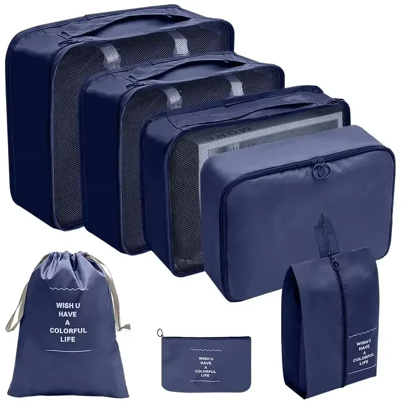 organisateur voyage polyester décontracté multicolore grand sac petits sacs pochette compression chaussures tris rectangulaire poignée fermeture glissière motif maille tissu résistant