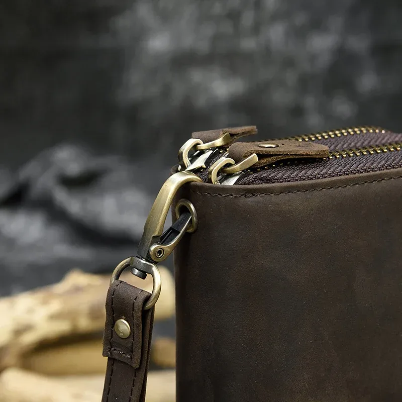 luufan-long sac à main en cuir de cheval vintage pour hommes et femmes, portefeuilles à double fermeture éclair pour carte de crédit, pochette pour homme