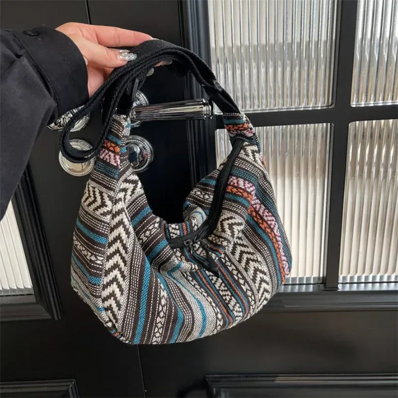 sac à bandoulière de style tribal, bandoulière pliable avec fermeture à glissière, motif rayé, thème drapeau, bord lavable à la main, doublure peinte
